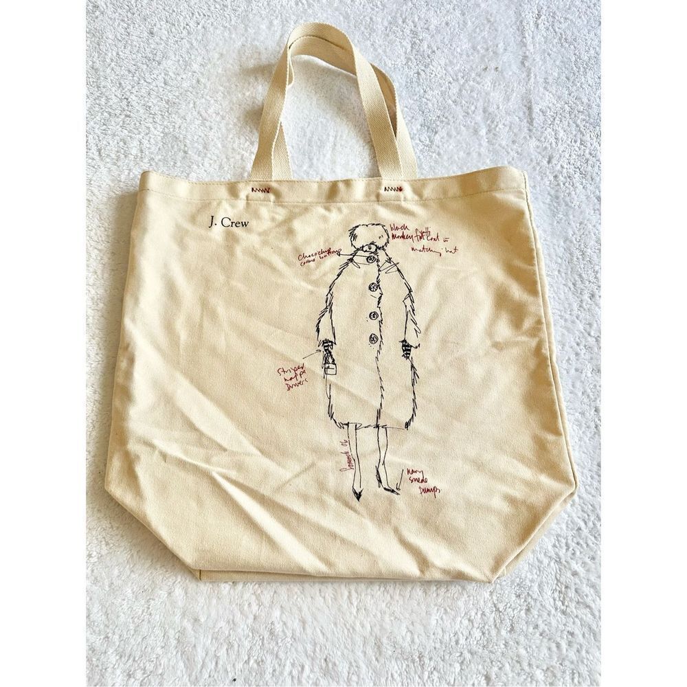 J. Crew cream canvas bag with fashion sketch